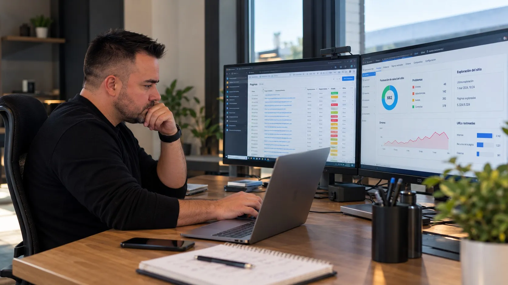 Andrés Marín revisando los resultados de una auditoría SEO en dos monitores