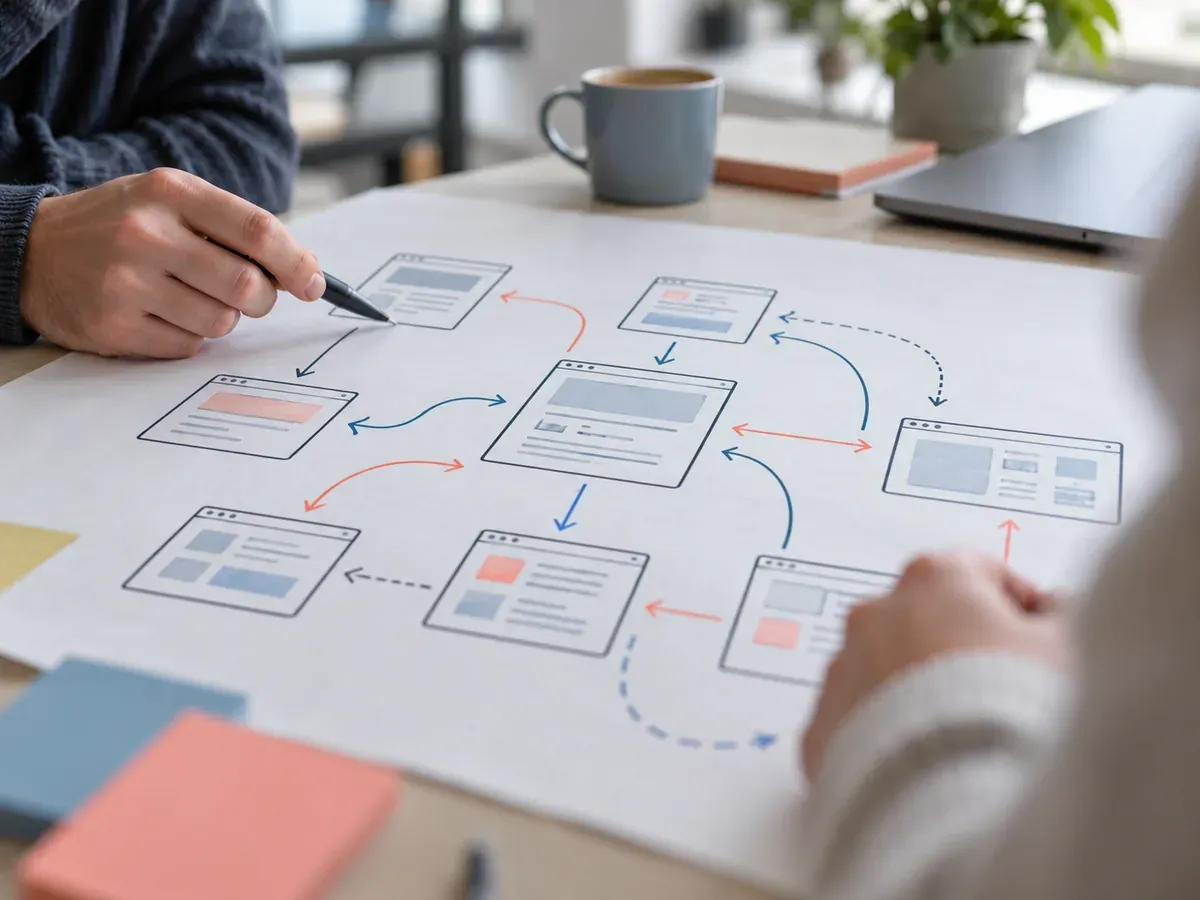 Mapa de URLs con flechas de redirecciones 301 dibujado durante la planificación de una migración SEO