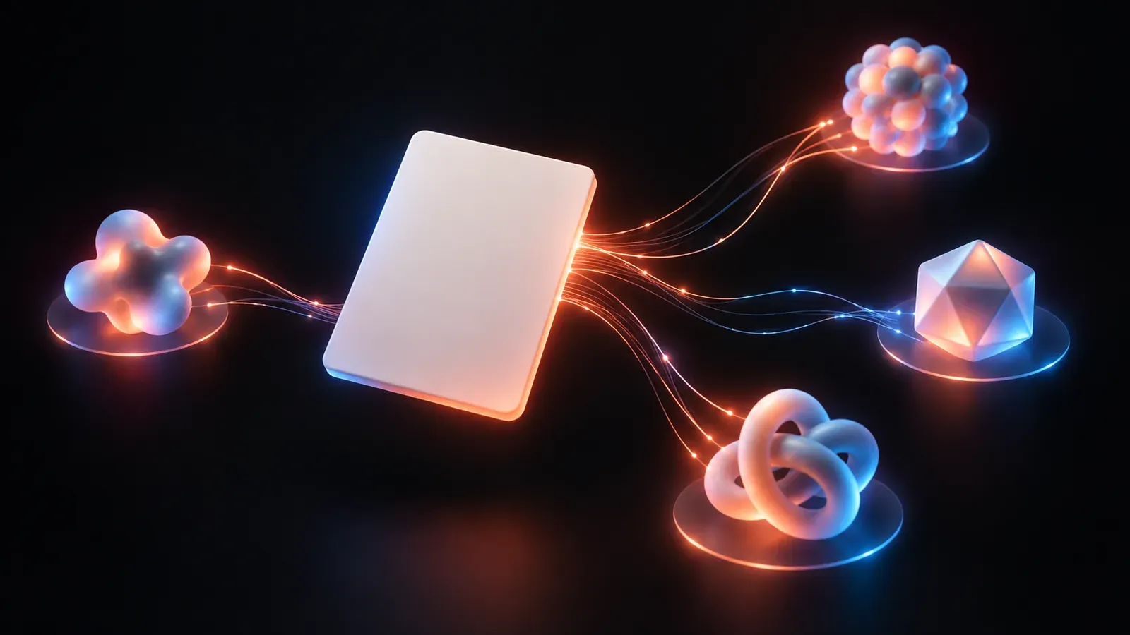 Documento llms.txt conectado mediante líneas de luz a varios modelos de inteligencia artificial